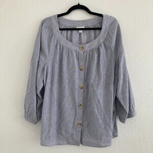 J Jill Cotton Striped Button Front Blouse Round Neck Blue Peasant Cottage Large